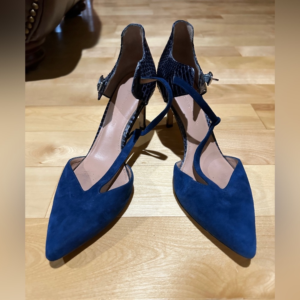 Sigerson Morrison Blue Suede Pointed-Toe Heels with Snakeskin Ankle Strap